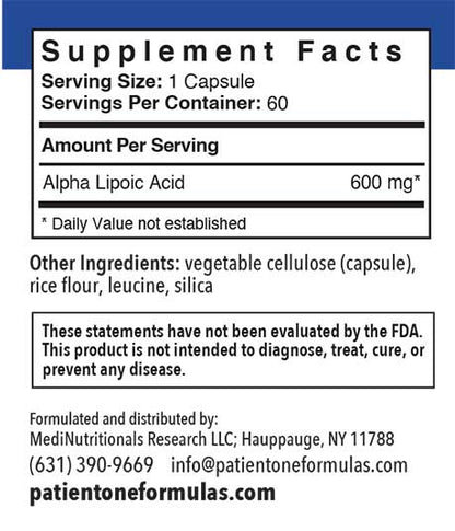 Patient One Alpha Lipoic Acid | 600 mg, 60 vegetable capsules