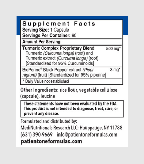Patient One Turmeric Curcumin | 500 mg, 90 vegetable capsules